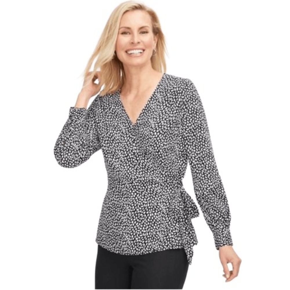 B7 Talbots Wrap Blouse Pebble Print Faux Wrap Classic Career Long Sleeve Top SP